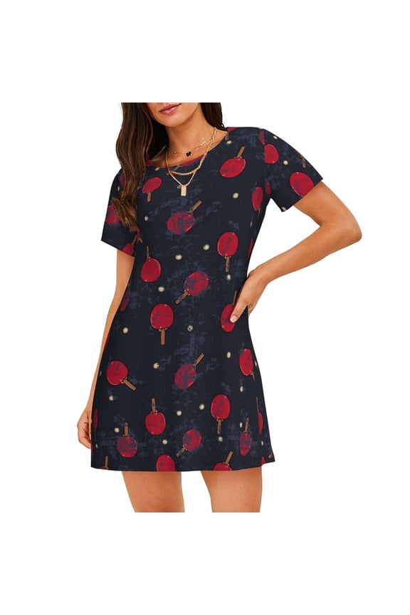Ping Pong Pattern Women’s Nightdress – Casual Short-sleeved Loose-Fit Sleepwear, Soft Cotton Short-Sleeve Sleep Shirt for Relaxation & Comfort