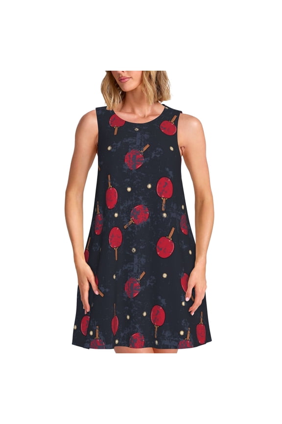Ping Pong Print Women’s Sleeveless Midi Swing Dress – A-Line Pleated Tank Sundress, Comfortable and Flowy T-Shirt Dress