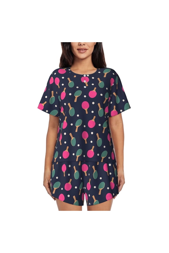 Ping Pong Rackets And Balls Pajamas Sets for Women Soft Short-Sleeved Pjs with Lounge Shorts Two Piece Sleepwear-Medium