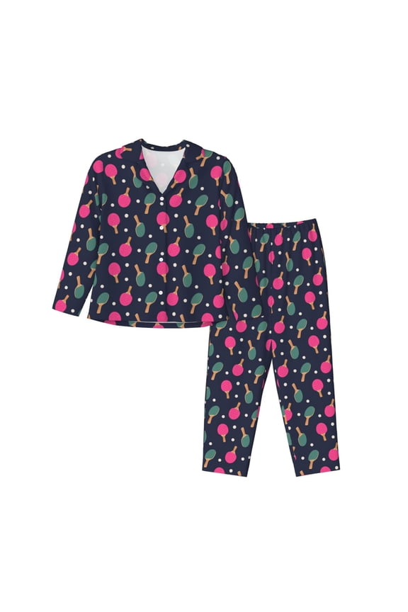 Ping Pong Rackets And Balls Pattern Women’s Long-Sleeve Sleepwear Set - Soft 2-Piece Loungewear with Pockets, Comfy PJs for Relaxing Nights-Large