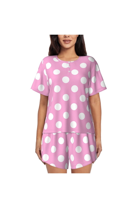 Pink And White Polka Dot Pajamas Sets for Women Soft Short-Sleeved Pjs with Lounge Shorts Two Piece Sleepwear-Large
