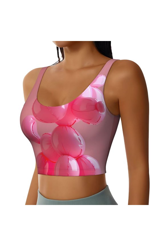 Pink Balloon Puppy Art Sports Bra for Women,Padded Strappy Sports Bras Medium Support Yoga Bra with Removable Cups,Running Yoga Bra-X-Large