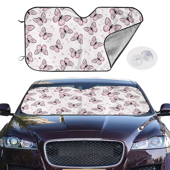 Picia Pink Butterflies (2) Curved Windshield Sunshade Accordion Folding Style Auto Shade for Car Truck SUV Van Blocks UV Ray Sun Visor Protector -