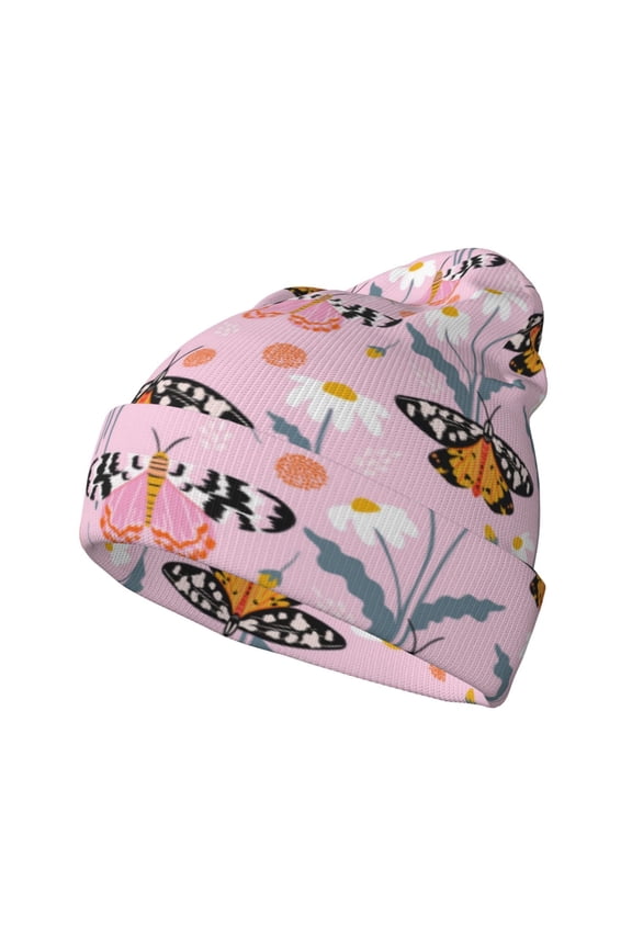 Pink Butterfly Daisy Pattern Knitted Beanie Hat for Men and Women , Unisex Winter Warm Stretchy Knit Cap Thick Fisherman Beanies Cuffed Plain Skull Caps
