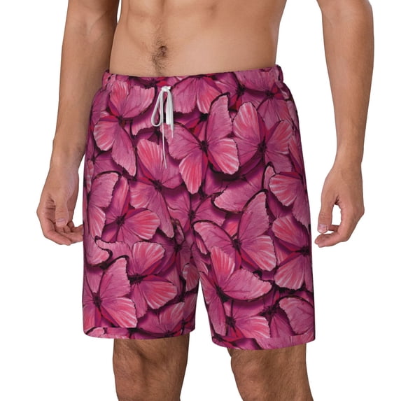 Picia Pink Butterfly pattern Mens Swim Trunks with Compression Liner Stretch Beach Shorts Quick Dry with Zipper Pockets No-Chafing Board Shorts-Medium