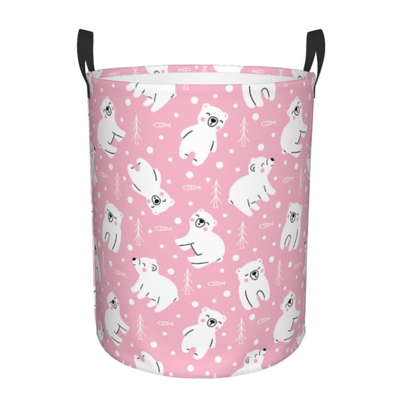 Picia Pink Cartoon Bear Pattern Large Laundry Basket, Waterproof, Freestanding Laundry Hamper, Collapsible Tall Clothes Hamper with Extended Handles-Medium
