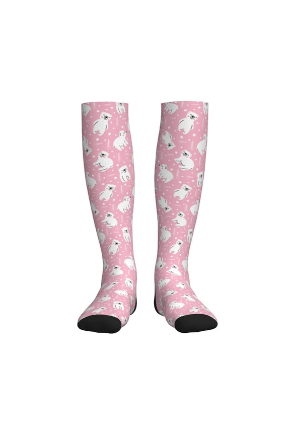 Pink Cartoon Bear Printed Sports Compression Socks - 15-20mmHg Graduated Compression, High-Performance Soft and Breathable Socks for Men and Women