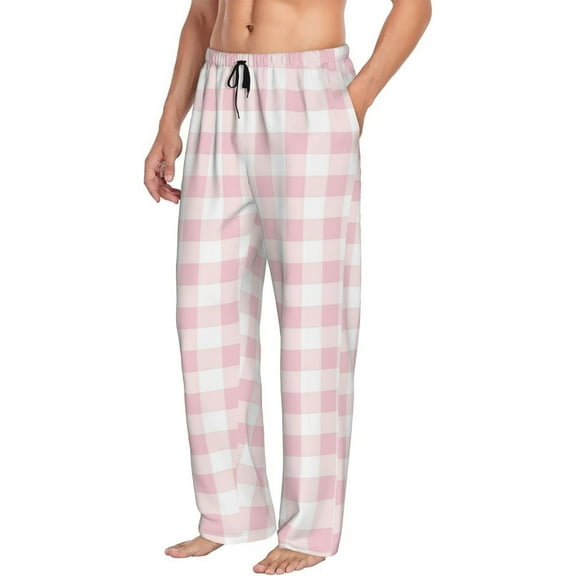 Picia Pink Checkboard Mens Soft Woven Cotton Elastic Waistband Sleep Pajama Pant Lounge Sleep Pant With Pockets And Drawstring-Small