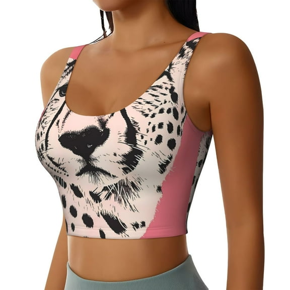 Picia Pink Cheetah Art Sports Bra for Women,Padded Strappy Sports Bras Medium Support Yoga Bra with Removable Cups,Running Yoga Bra-X-Large