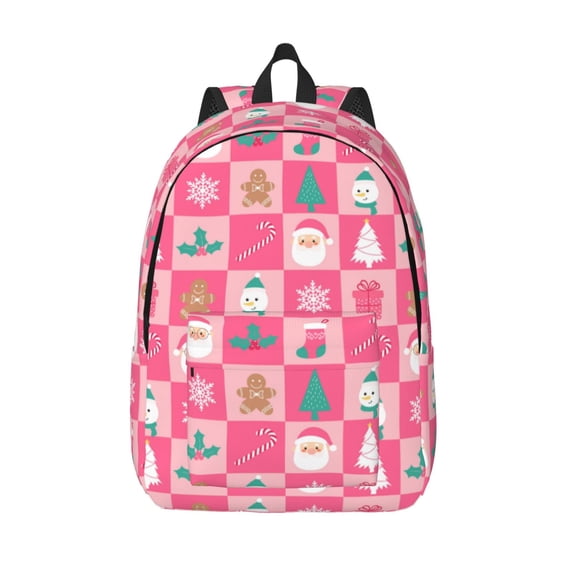 Picia Pink Christmas Cheer Printed Canvas Daypack - Stylish and Durable Vintage Compact Backpack - Class, Work, Travel, or Laptop Bookbag,Organized Compartments-Medium