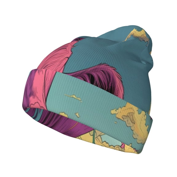 Picia Pink Cow In Sunflower Field Pattern Knitted Beanie Hat for Men and Women , Unisex Winter Warm Stretchy Knit Cap Thick Fisherman Beanies Cuffed Plain Skull Caps
