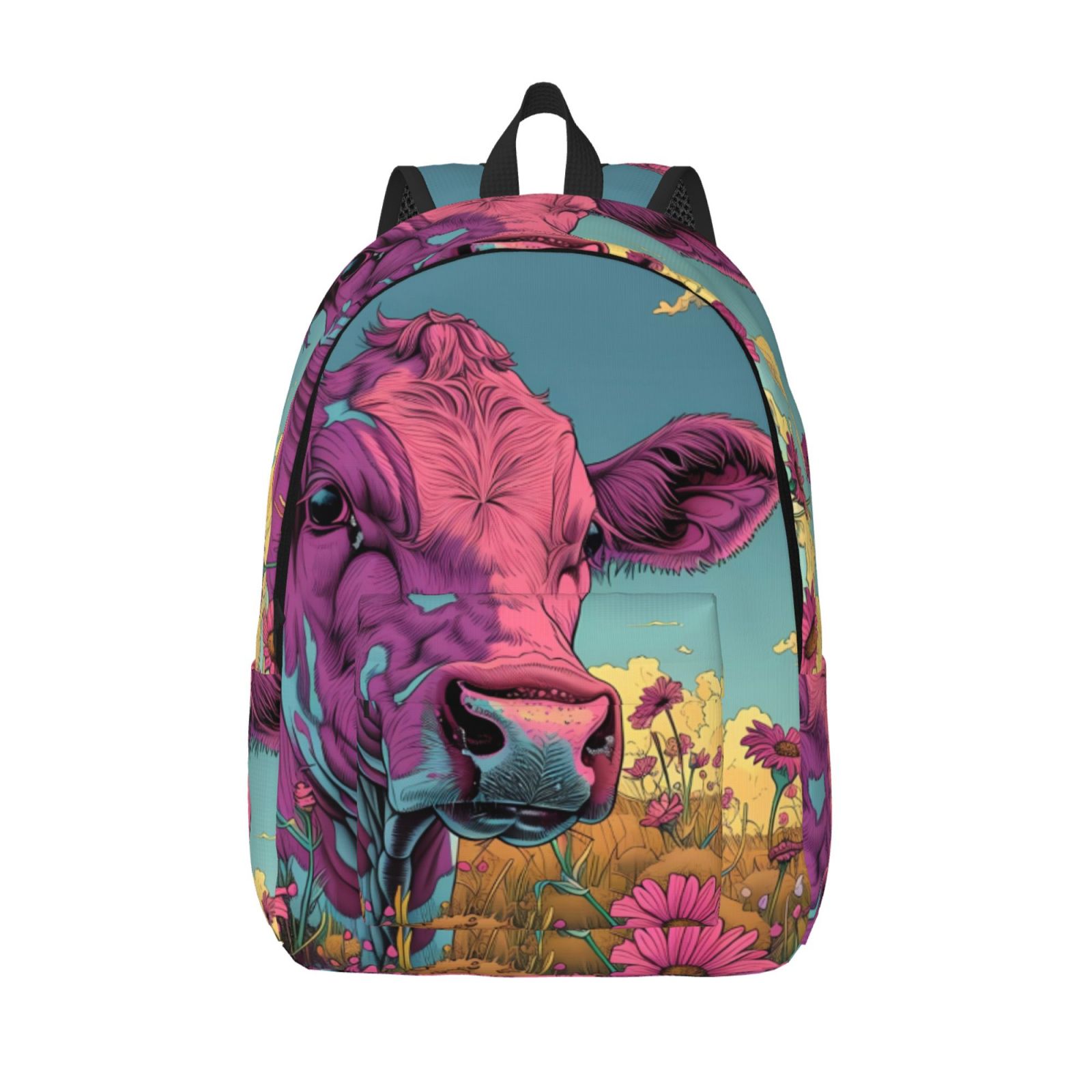 Picia Pink Cow In Sunflower Field Printed Canvas Daypack - Stylish and Durable Vintage Compact Backpack - Class, Work, Travel, or Laptop Bookbag,Organized Compartments-Medium