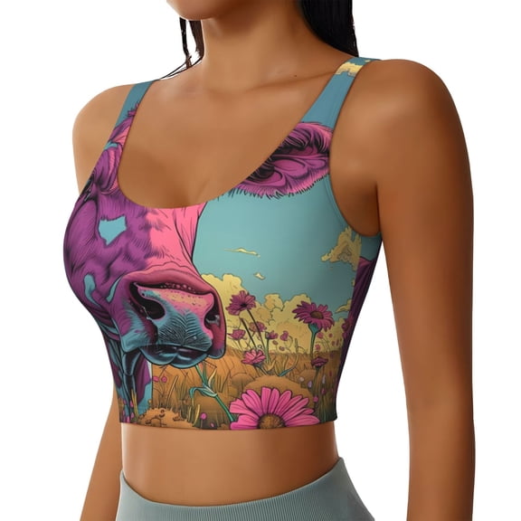 Picia Pink Cow In Sunflower Field Sports Bra for Women,Padded Strappy Sports Bras Medium Support Yoga Bra with Removable Cups,Running Yoga Bra-Large
