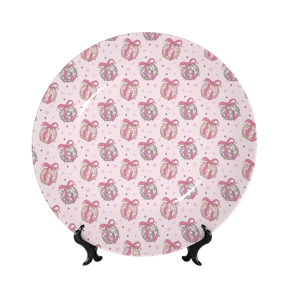 Picia Pink Disco Ball Pattern Bone China Decorative Plate – Wall Decor with Stand and Adhesive, Elegant Ornament for Living Room, Office, or Entryway-8in