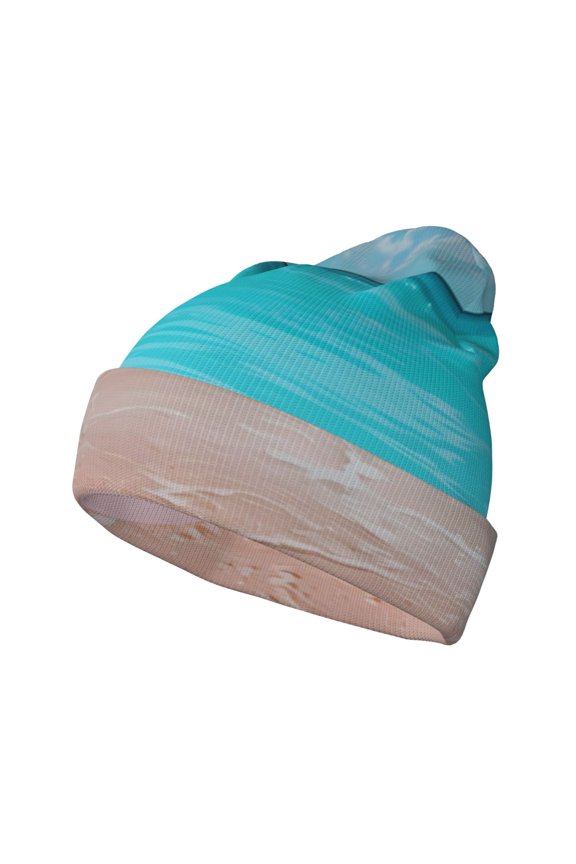 Pink Float Ring On Beach Pattern Knitted Beanie Hat for Men and Women , Unisex Winter Warm Stretchy Knit Cap Thick Fisherman Beanies Cuffed Plain Skull Caps