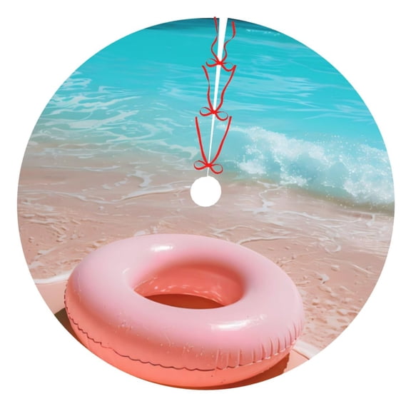 Picia Pink Float Ring On Beach Print Christmas Tree Skirt , Christmas Tree Skirt Ornaments for Merry Christmas Holiday Party Decorations Indoor Outdoor-30"