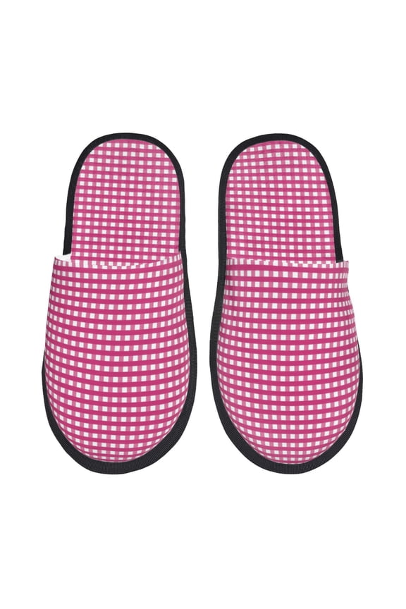 Pink Gingham Print Women's Fuzzy Fluffy House Slippers Plush Memory Foam Shoes Indoor Outdoor-Large