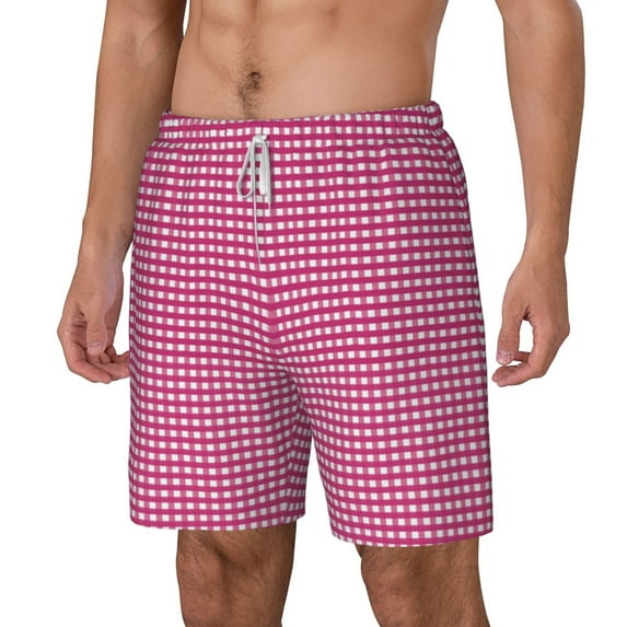 Picia Pink Gingham pattern Mens Swim Trunks with Compression Liner Stretch Beach Shorts Quick Dry with Zipper Pockets No-Chafing Board Shorts-Large