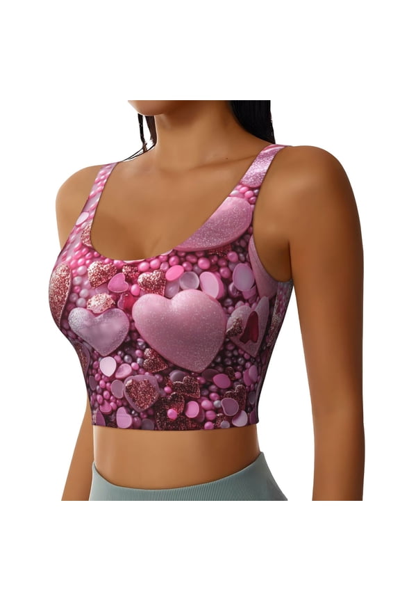 Pink Glitter Heart Candy Sports Bra for Women,Padded Strappy Sports Bras Medium Support Yoga Bra with Removable Cups,Running Yoga Bra-XX-Large