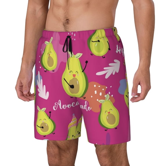 Picia Pink Green Avocado pattern Mens Swim Trunks with Compression Liner Stretch Beach Shorts Quick Dry with Zipper Pockets No-Chafing Board Shorts-X-Large