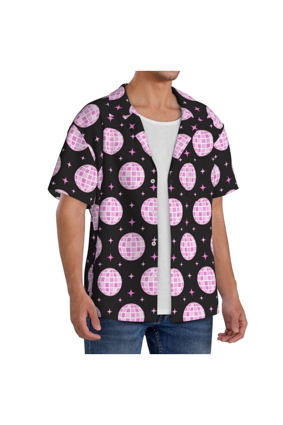 Pink Groovy Disco Ball Men's Linen Shirts Short Sleeve Cuban Beach Shirts Casual Shirts Button Down Shirt for Men Beach Summer Wedding Shirt-Large