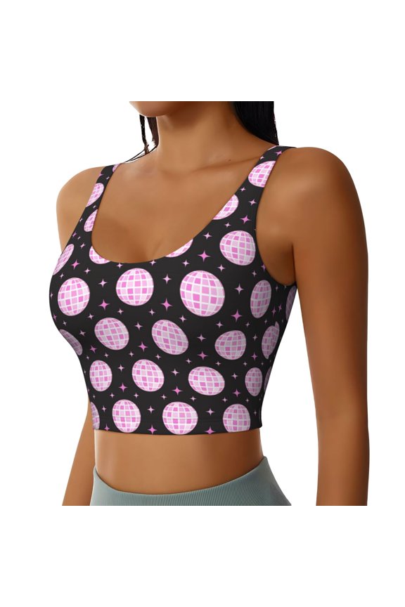 Pink Groovy Disco Ball Sports Bra for Women,Padded Strappy Sports Bras Medium Support Yoga Bra with Removable Cups,Running Yoga Bra-Small