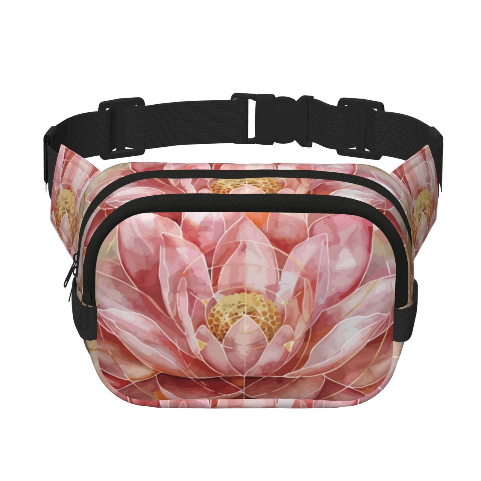 Picia Pink Lotus Print Square Double-Layer Waist Bag Mini Adjustable Waist Belt Bag Exercise Running Travel Hiking