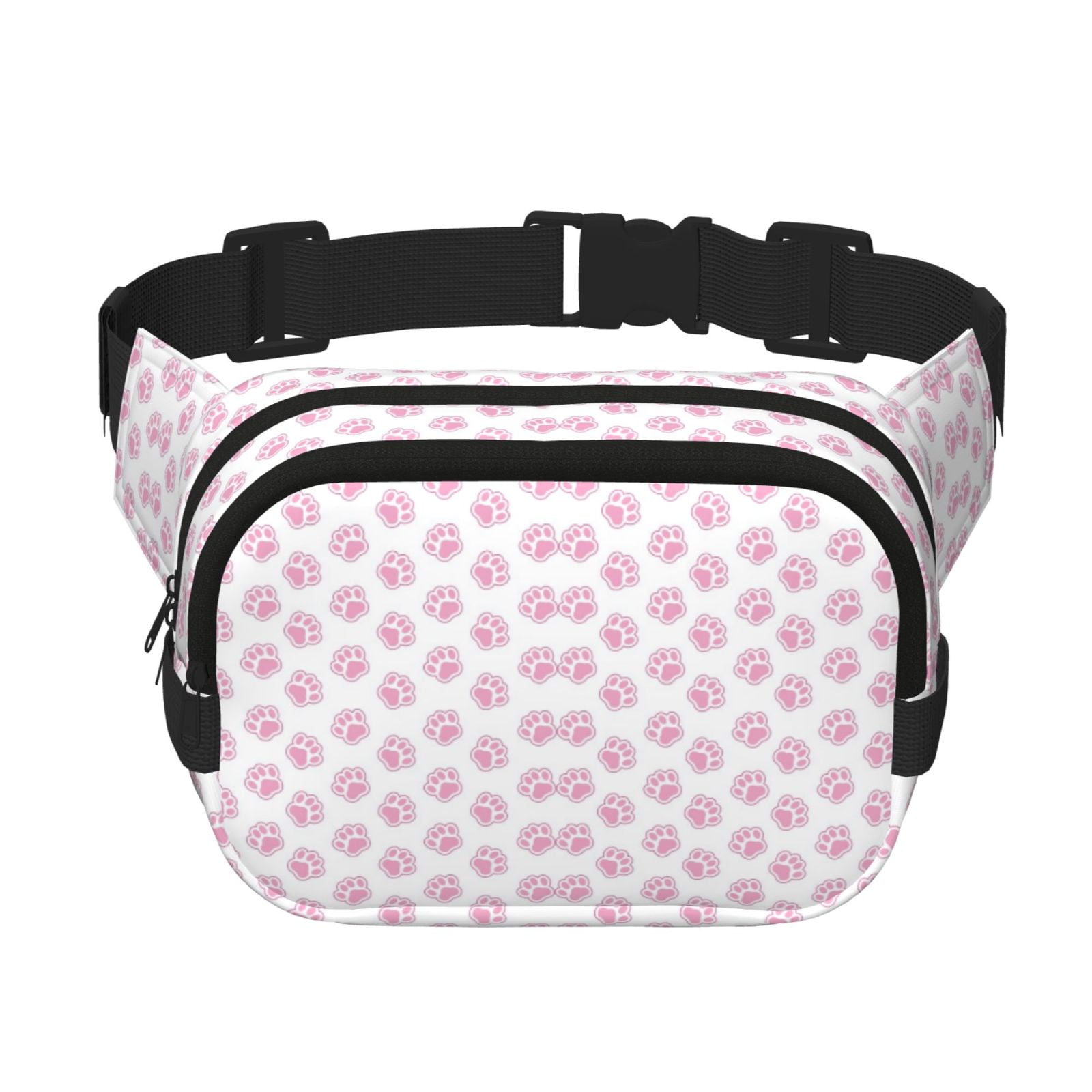 Picia Pink Paw Print Square Double-Layer Waist Bag Mini Adjustable Waist Belt Bag Exercise Running Travel Hiking