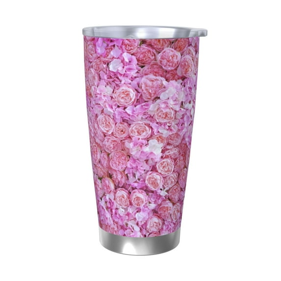 Picia Pink Roses Pattern 20 oz Tumbler Stainless Steel Vacuum Insulated Coffee Ice Cup Double Wall Travel Flask Dual Lid Water Bottle, Eco-friendly Car Cup-Without Straw