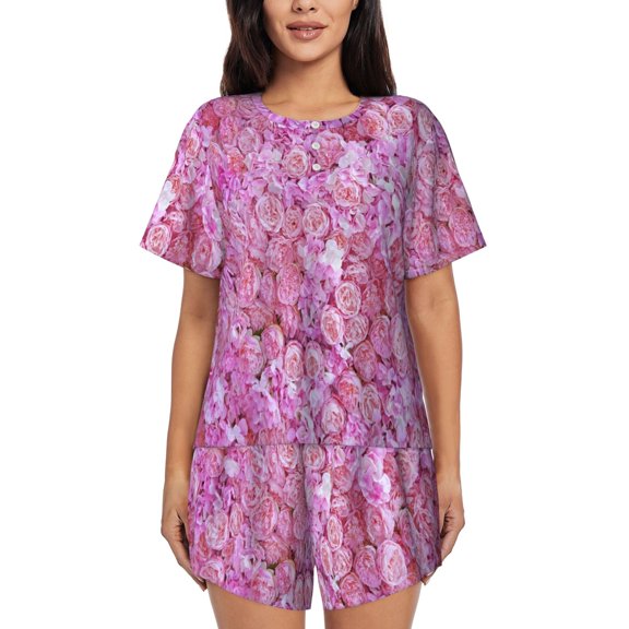 Picia Pink Roses Pattern Pajamas Sets for Women Soft Short-Sleeved Pjs with Lounge Shorts Two Piece Sleepwear-Medium