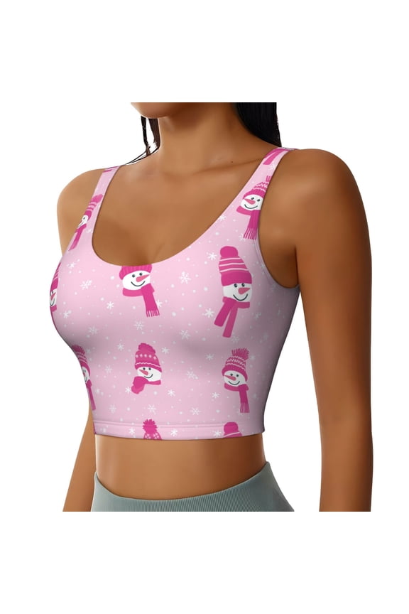 Pink Scarf Snowman Sports Bra for Women,Padded Strappy Sports Bras Medium Support Yoga Bra with Removable Cups,Running Yoga Bra-Medium