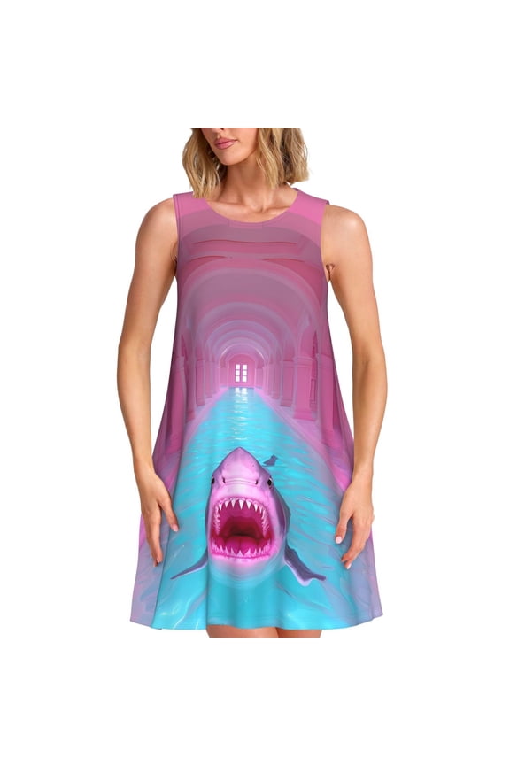 Pink Shark Pool Fantasy Print Women’s Sleeveless Midi Swing Dress – A-Line Pleated Tank Sundress, Comfortable and Flowy T-Shirt Dress