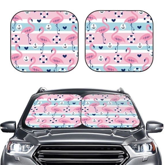 Picia Pink Striped Flamingo 2 Piece Car Windshield Sun Shade Foldable | Foldable Sun Shield for Front Window Blocks UV Rays and Keeps Your Vehicle Cool-