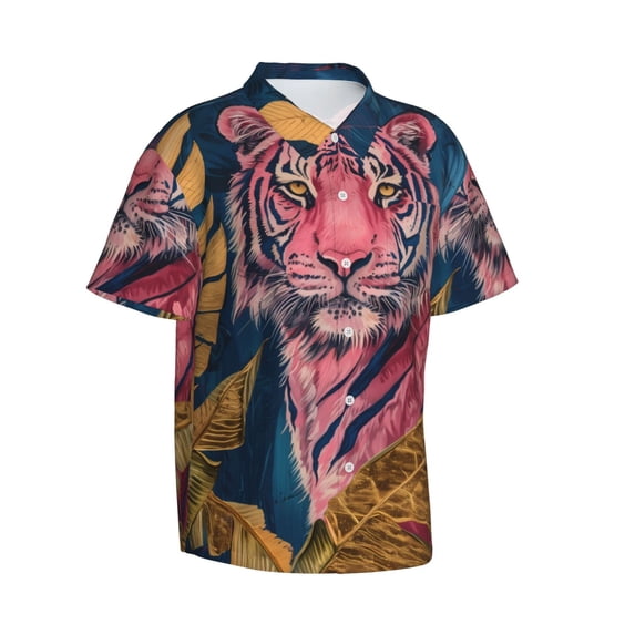 Picia Pink Tiger Gold Leaves Gentle Cotton Regular Fit Short Sleeve Casual Hawaiian Shirt for Men-Small