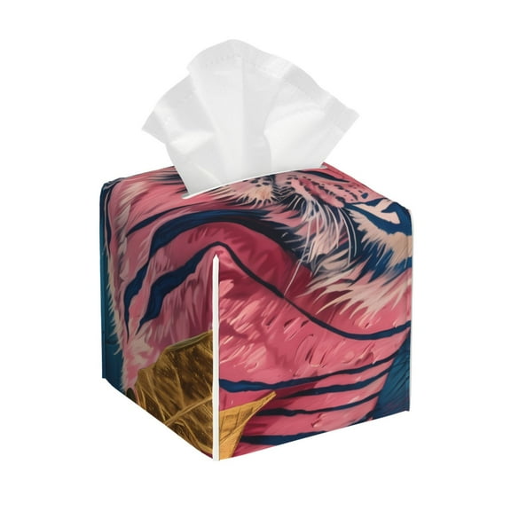 Picia Pink Tiger Gold Leaves Pattern Tissue Box Cover,PVC Leather Square Holder,Tissue Box Holder with Magnetic Bottom,Facial Paper Organizer Dispenser-5.2"X5.2"X5.2"