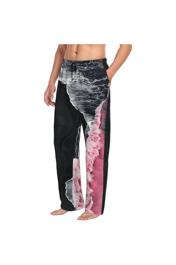Pink White Ocean Waves Mens Soft Woven Cotton Elastic Waistband Sleep Pajama Pant Lounge Sleep Pant With Pockets And Drawstring-Large