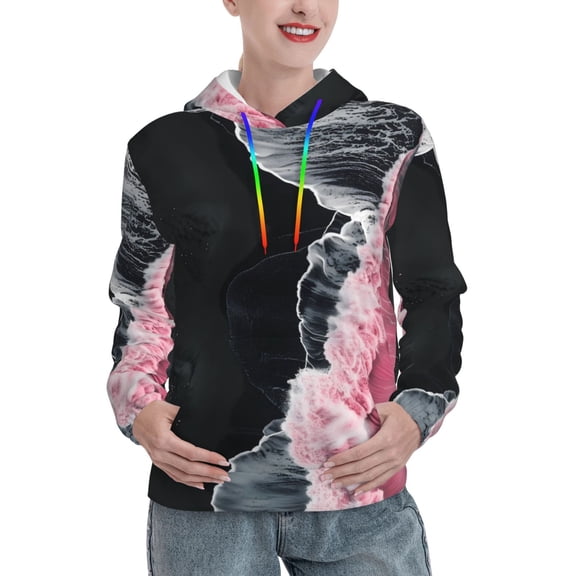 Picia Pink White Ocean Waves Pattern Casual Women's Hoodie, Hooded Sweatshirt with Kangaroo Pocket, Comfortable Pullover with Eye-catching Drawstrings-Small