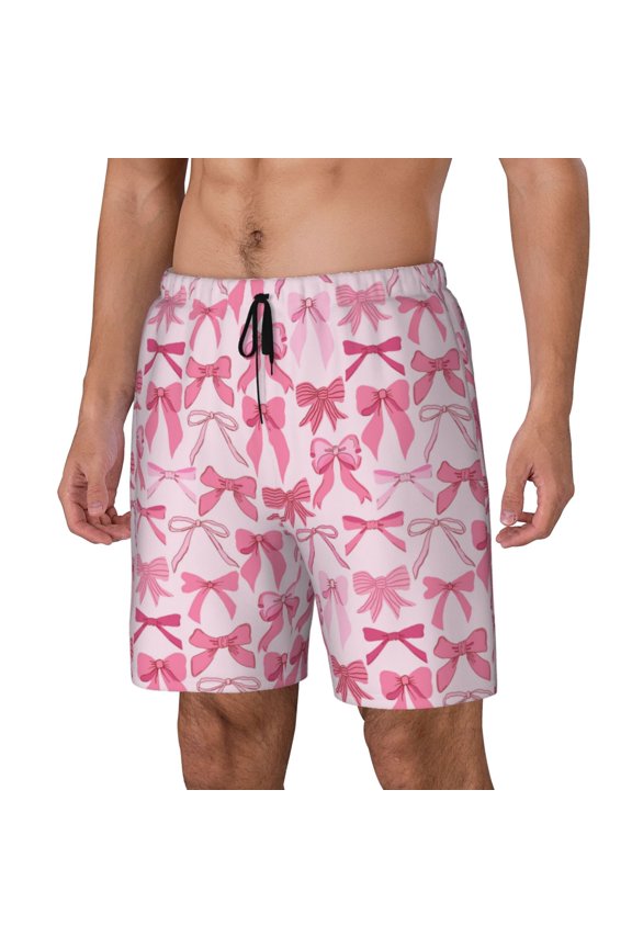 Pink bows Pattern Mens Swim Trunks with Compression Liner Stretch Beach Shorts Quick Dry with Zipper Pockets No-Chafing Board Shorts-3X-Large