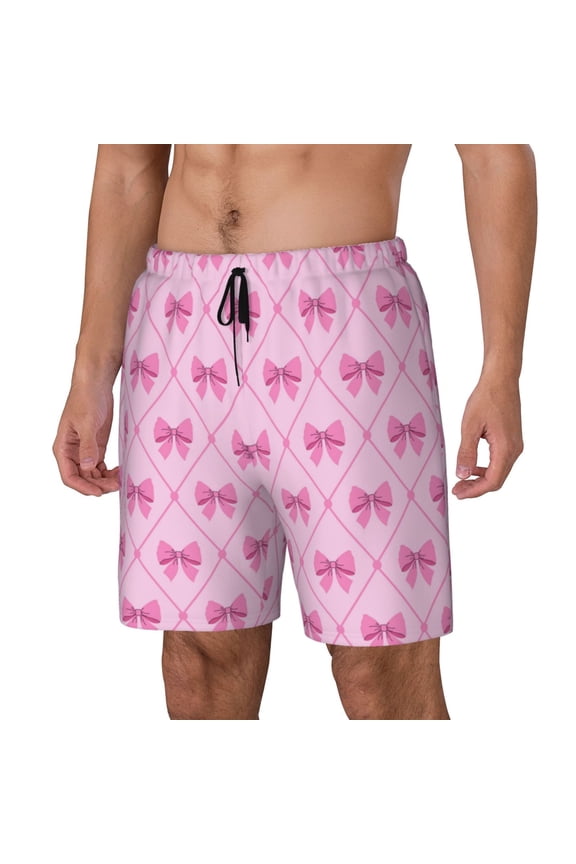 Pink bows Pattern Mens Swim Trunks with Compression Liner Stretch Beach Shorts Quick Dry with Zipper Pockets No-Chafing Board Shorts-Large