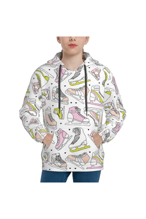 Pink skates Pattern Youth Hoodie - Warm Pullover Sweatshirt with Kangaroo Pocket, Ideal for Boys and Girls-Small