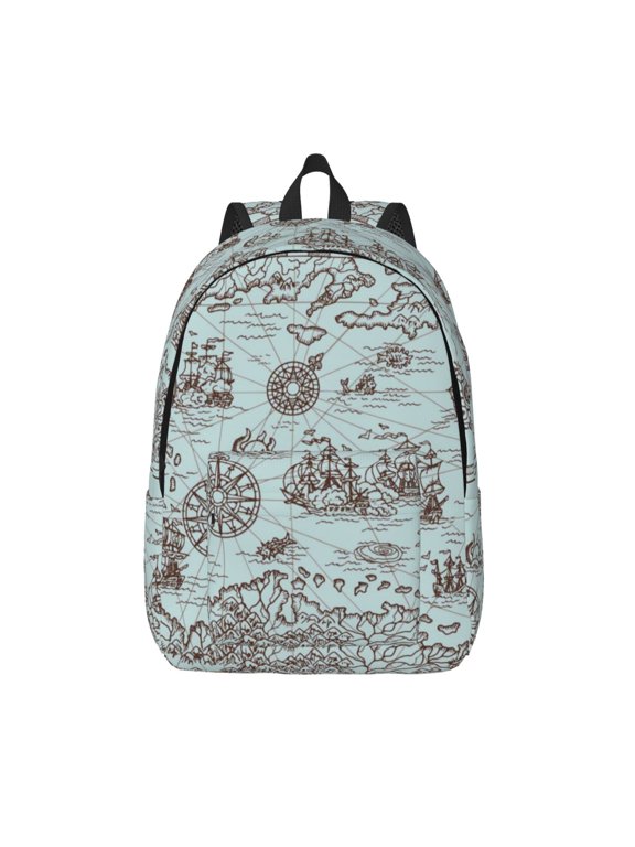 Pirate Adventure Map Printed Canvas Daypack - Stylish and Durable Vintage Compact Backpack - Class, Work, Travel, or Laptop Bookbag,Organized Compartments-Medium