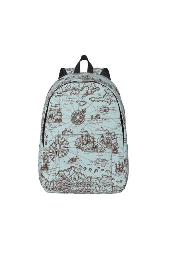 Pirate Adventure Map Printed Canvas Daypack - Stylish and Durable Vintage Compact Backpack - Class, Work, Travel, or Laptop Bookbag,Organized Compartments-Medium