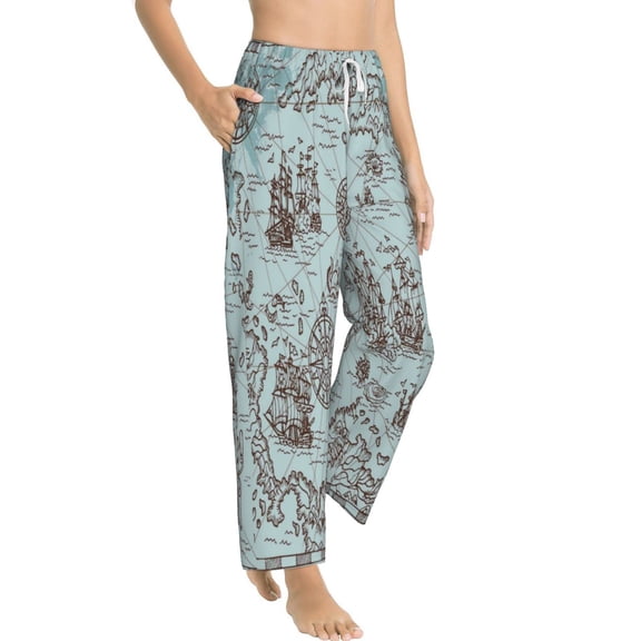 Picia Pirate Adventure Map Womens Soft Woven Cotton Elastic Waistband Sleep Pajama Pant Lounge Sleep Pant With Pockets And Drawstring-Large