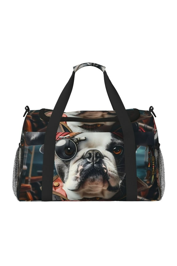 Pirate Bulldog On Deck Print Travel Duffle Bag,Weekender Bags for Women with Shoe Compartment, Gym Duffel Bag with Wet Pocket, Hospital Bags for Labor and Delivery