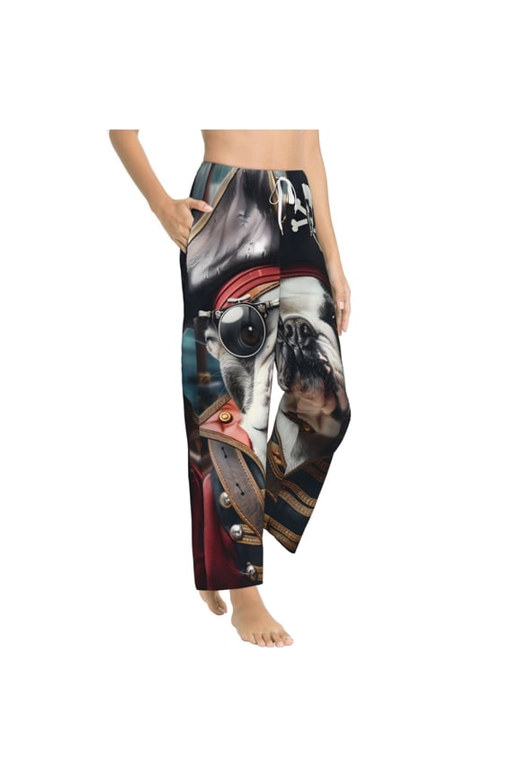 Pirate Bulldog On Deck Womens Soft Woven Cotton Elastic Waistband Sleep Pajama Pant Lounge Sleep Pant With Pockets And Drawstring-Small
