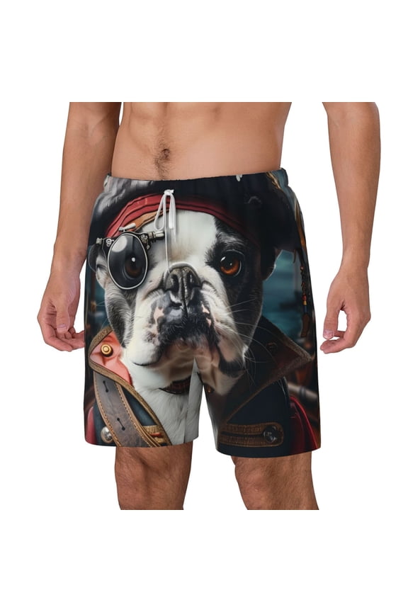 Pirate Bulldog On Deck pattern Mens Swim Trunks with Compression Liner Stretch Beach Shorts Quick Dry with Zipper Pockets No-Chafing Board Shorts-Small