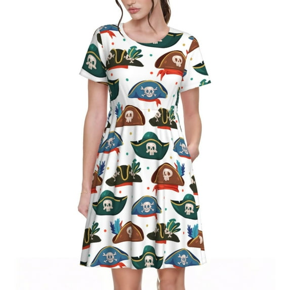 Picia Pirate Hats Pattern Women's Short Sleeve Summer Dress Pleated Loose Swing Knee Length Short Sleeve Swing Dresses