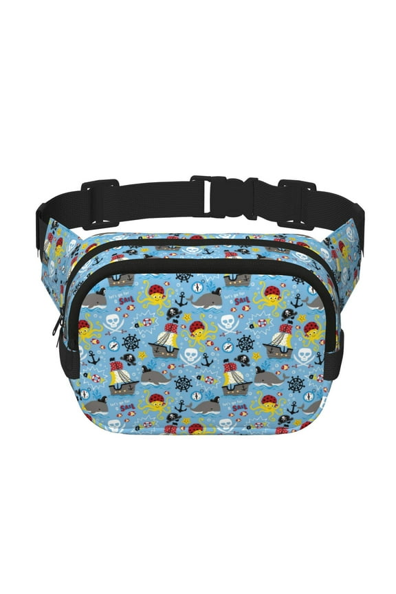 Pirate Marine Animals Print Square Double-Layer Waist Bag Mini Adjustable Waist Belt Bag Exercise Running Travel Hiking