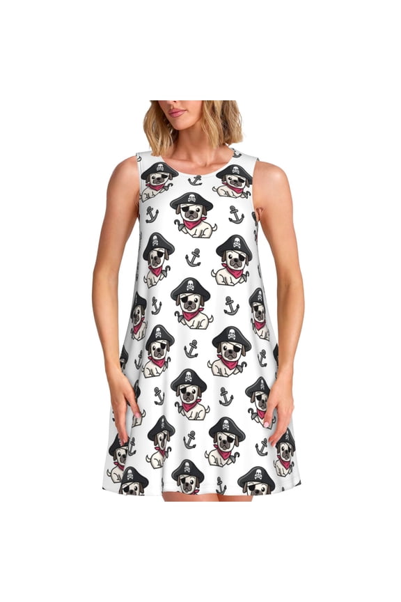 Pirate Puppy Print Women’s Sleeveless Midi Swing Dress – A-Line Pleated Tank Sundress, Comfortable and Flowy T-Shirt Dress