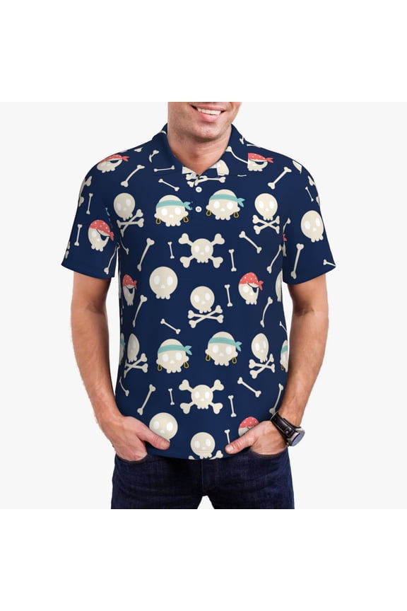 Pirate Skulls 1 Print Men's Polo Shirt, Two-Button Closure Pique Polo Shirt, Summer Fashion Golf Shirt-XX-Large